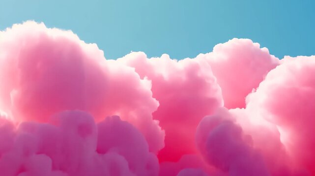 A videograph capturing a cloud of pink clouds floating gracefully in a vibrant blue sky, Pink candyfloss clouds as a cheerful birthday background, AI Generated