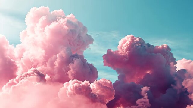 A video showcasing pink clouds against a blue sky in the background, Pink candyfloss clouds as a cheerful birthday background, AI Generated