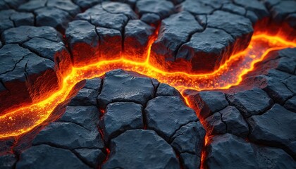 Red hot molten lava flows in bright orange rivers through dark cracked volcanic rocks. Intense glowing magma creates vivid contrast against cool, fractured ground surface. Dynamic geological process