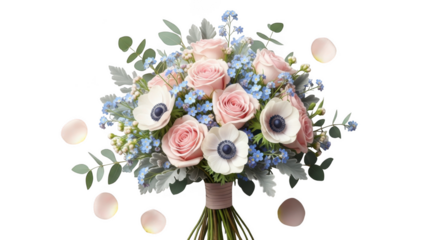 Elegant blush pink roses and white anemones wedding bouquet with blue hydrangeas isolated on transparent background