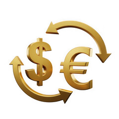 3d gold dollar and euro currency symbols with exchange arrows isolated on transparent background