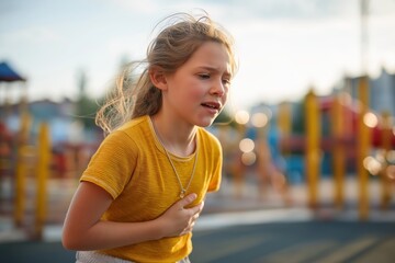 Blonde Girl with Chest Pain from Heart Disease After Playing Outside