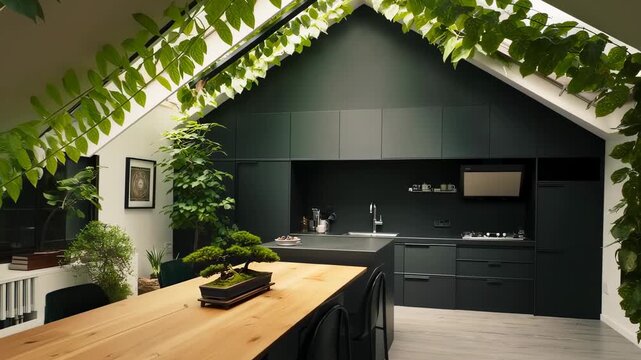 Luxury black kitchen with skylight and hanging green plants
