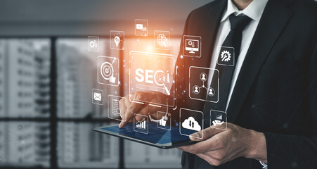 SEO concept for improving SEO visibility, with SEO related digital tools and SEO performance icons shown in an focused layout for strategic marketing. Spline