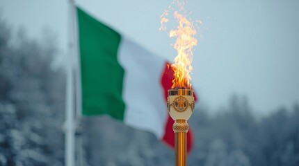 Golden Olympic torch burning with bright flame in front of waving Italian flag during winter games ceremony, symbol of hope, unity, international sports tradition, victory and celebration