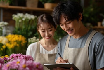 Florist couple collaborates on flower arrangements in a bright and lively shop filled with fresh blooms