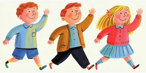 Three Children Walking Side by Side kids happy
