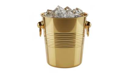 Elegant gold champagne ice bucket filled with crushed ice isolated on transparent background
