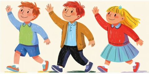 Three Children Walking Forward with Raised Arms kids