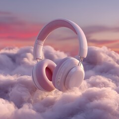 Headphones floating above clouds during twilight with colorful sky