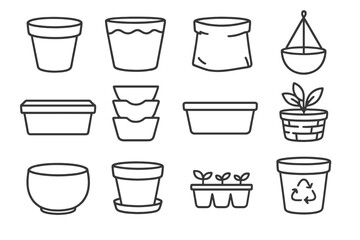 Fototapeta premium Line Style Planters. Line style icons of planters and containers: clay pot, ceramic planter, fabric grow bag, hanging pot; window