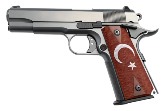 Modern Pistol Side View PNG – Realistic Gun with Elegant Turkish Flag Grip, Transparent Background