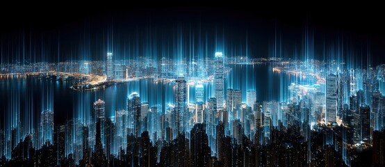City skyline at night with vibrant lights and high-rise buildings creating a stunning visual effect