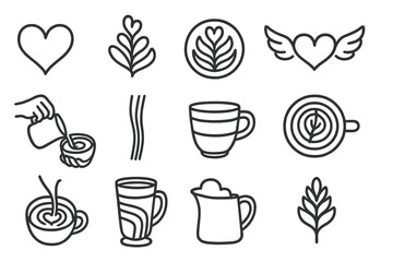 Latte Art Icons. Line style icons of latte art elements: heart pour, rosette icon, tulip swirl, winged heart; barista pouring,