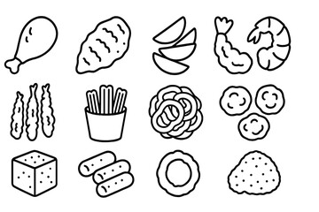 Fried Food Icons. Line style icons of fried fast food: fried chicken breast, battered fish, potato wedges, fried shrimp; tempura