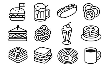 American Diner Icons. Line style icons of American diner food: burger with flag, root beer float, chili dog, onion rings; club