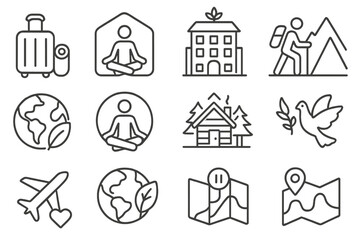 Wellness Travel Icons. Line style icons of wellness travel: suitcase with yoga mat, retreat icon, spa hotel, mountain hike; eco