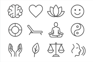 Wellness Icons Collage. Line style icons of wellness symbols: brain, heart, lotus flower, mood face; lifebuoy, lounge chair,