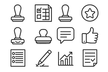 School Stamp Icons. Line style icons of school stamps and marks: approval stamp, checked paper, star stamp, grade icon; smiley