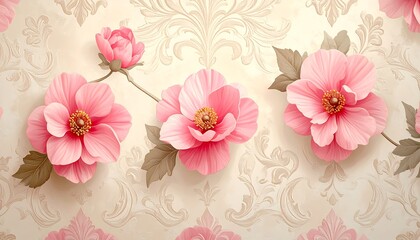 Delicate pink floral design with ornate cream background creates a charming and elegant pattern.