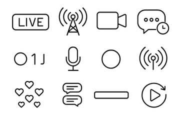 Live Content Icons. Line style icons of live content: live label, broadcast icon, streaming camera, real-time chat; viewer count,