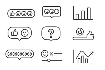 Fototapeta premium Line Style Icons. Line style icons of reactions and polls: reaction icons row, emoji selector, poll bar, poll chart; like vs