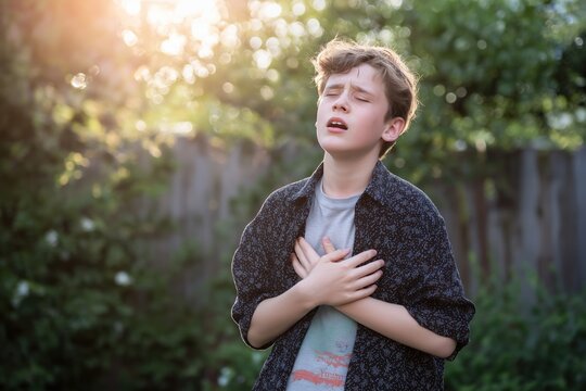 Boy Struggling to Breathe with Chest Pain Outdoors, a Child Heart Disease Symptom