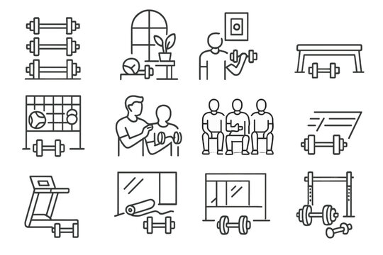 Gym Dumbbell Icons. Line style icons of dumbbells in various gym settings: commercial gym dumbbells, boutique gym dumbbells,