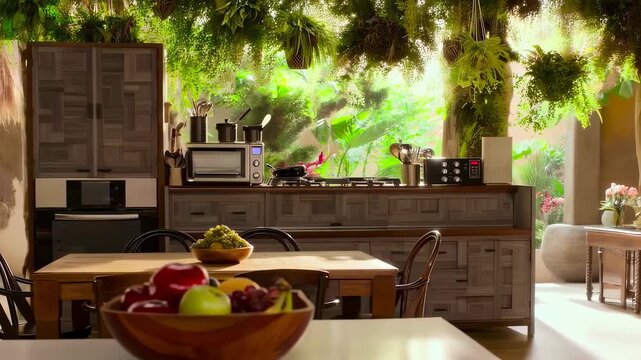 Natural kitchen with hanging plants and wooden design in warm sunlight

