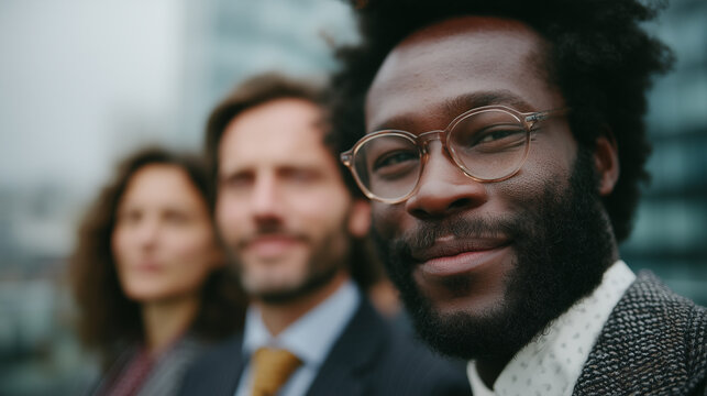A realistic stylish photo of people having a business discussion in a glass office, diverse team