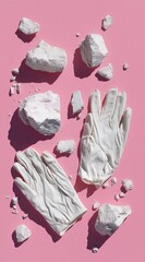 White gloves placed on a pink background with scattered white rocks creating a vibrant contrast in a creative layout
