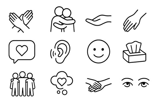 Emotional Support Icons. Line style icons of emotional support: supportive arms, hug, kind gesture, comforting hand; chat bubble