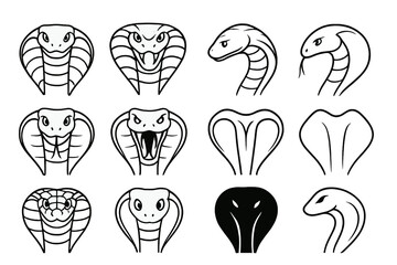 Cobra Icon Designs. Line style icons of cobra head designs: hooded cobra, flared hood face, side profile cobra, frontal cobra;