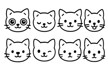 Cute Cat Icons. Line style icons of cute cat faces: wide-eyed kitten, sleepy cat, cat with whiskers, cat with tongue out; cat with