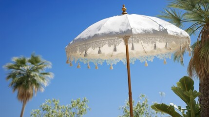 Decorative parasol stands under a clear blue sky surrounded by lush tropical plants and palm trees