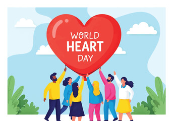 Flat illustration of diverse people holding a giant heart balloon, celebrating World Heart Day and promoting cardiovascular health, wellness, community support, and awareness for a healthy lifestyle