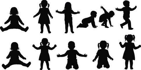 Child silhouette collection, various poses vector, black and white kids art, crawling and standing, minimal youth design, toddler illustration set, artwork compilation