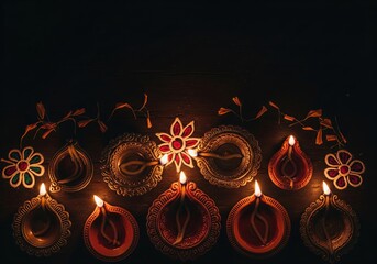 Traditional clay diyas glowing in the dark for a spiritual festival of lights celebration