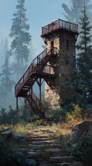 Historic stone tower with wooden stairs surrounded by dense forest in morning fog