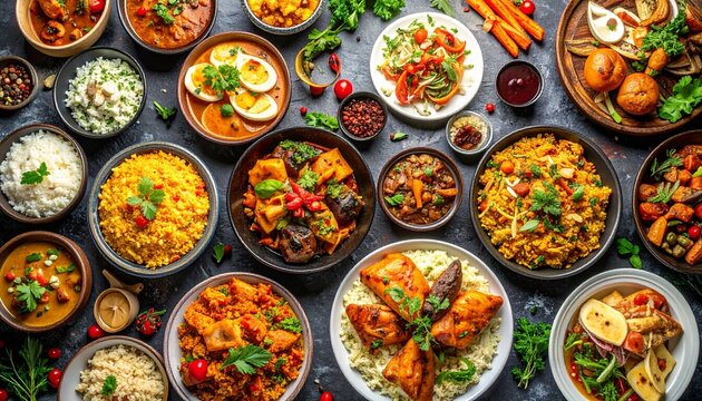 Food perspective variety view arranged large dishes filled international cuisine backgrounds table different overhead cultures