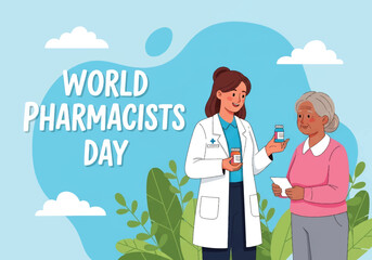 Flat illustration of a pharmacist assisting an elderly with medicine, celebrating World Pharmacists Day and emphasizing healthcare, patient care, trust, and community wellness