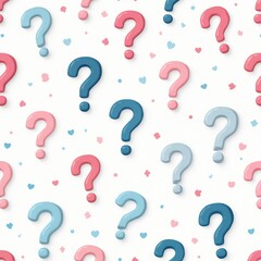 Cute pattern with question marks in pink and blue. Small hearts and dots add to the playful baby shower or gender reveal theme. Simple, bright, and gender-neutral.