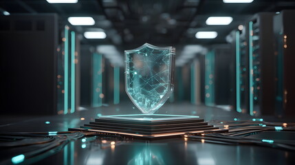 Futuristic Holographic Shield in Data Center. Cyber security concept