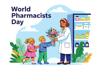 Flat illustration of children giving flowers to a smiling pharmacist at a pharmacy counter, celebrating World Pharmacists Day and showing appreciation for healthcare professionals and medical service