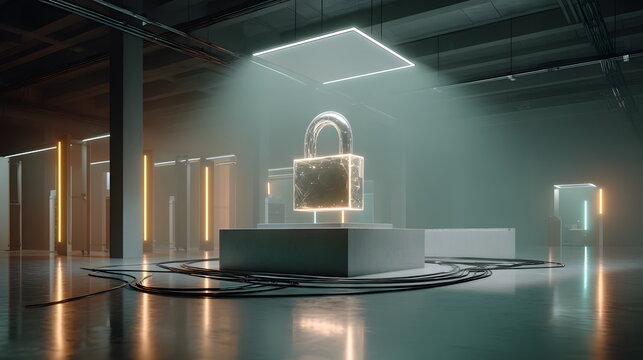 Glowing Holographic Padlock in Server Room.  Cyber security concept