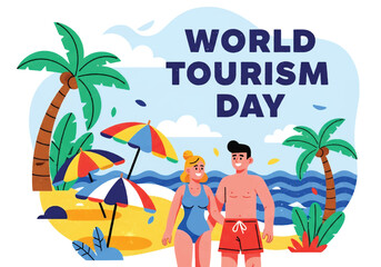 Flat illustration of a couple enjoying a tropical beach with palm trees and umbrellas, celebrating World Tourism Day with themes of summer vacation, leisure, and seaside travel