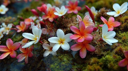 Colorful flowers bloom on a lush background in a vibrant garden setting during early morning hours