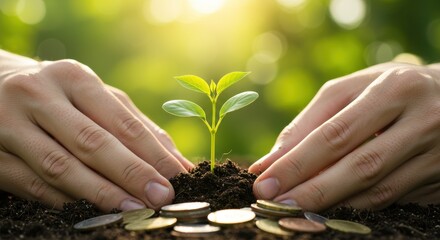 Hands planting a small sprout in soil with coins scattered around, symbolizing financial growth and investment in nature