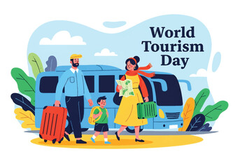 Flat illustration of a family traveling with luggage and a map in front of a bus, celebrating World Tourism Day with themes of journey, vacation, and international adventure
