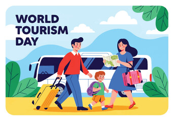 Flat illustration of a family traveling with luggage and a map in front of a bus, celebrating World Tourism Day with themes of journey, vacation, and international adventure